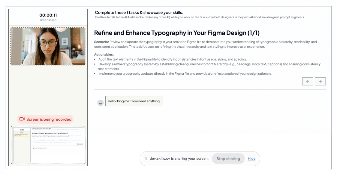 Proctored environment demo showing candidate completing Figma task